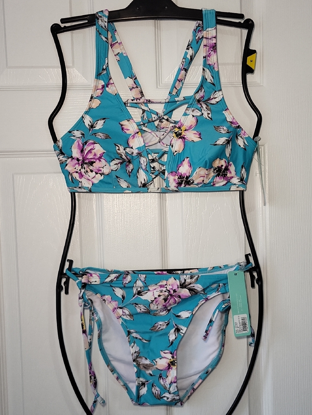 Floral Lace-Up Turquoise Women's Bikini Set
